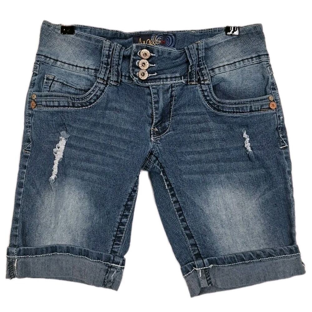 VTG Angels Bermuda Denim Jean Shorts Size 9 Blue Distressed Stretch Cuffed Y2K